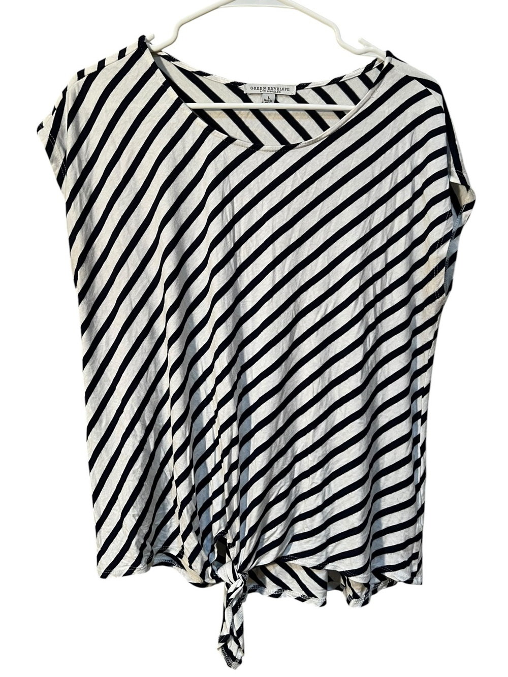 Green Envelope Women's Size Large Short Dolman Sleeve Top White Navy Blue Stripe